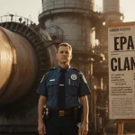 EPA official stands before rusted industrial pipe with news headline reading EPA Rule Clarification