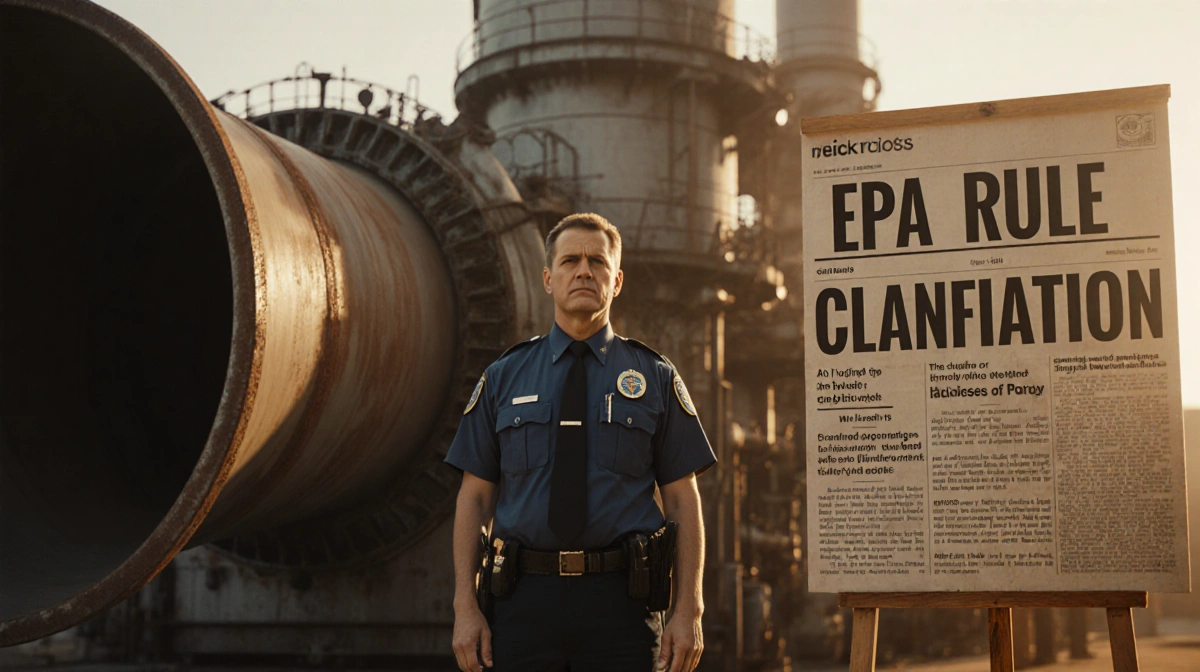 EPA official stands before rusted industrial pipe with news headline reading EPA Rule Clarification