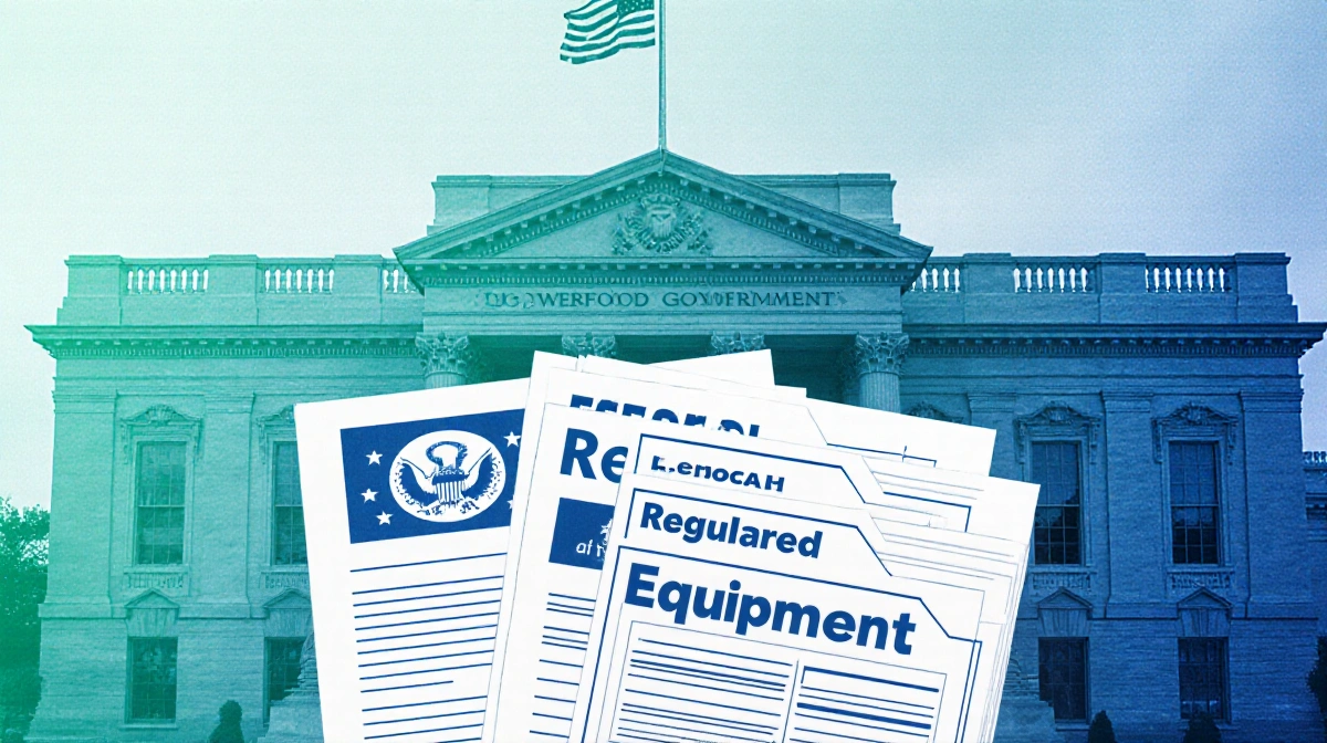 Federal building displays EPA regulated equipment permits with government flag flying overhead
