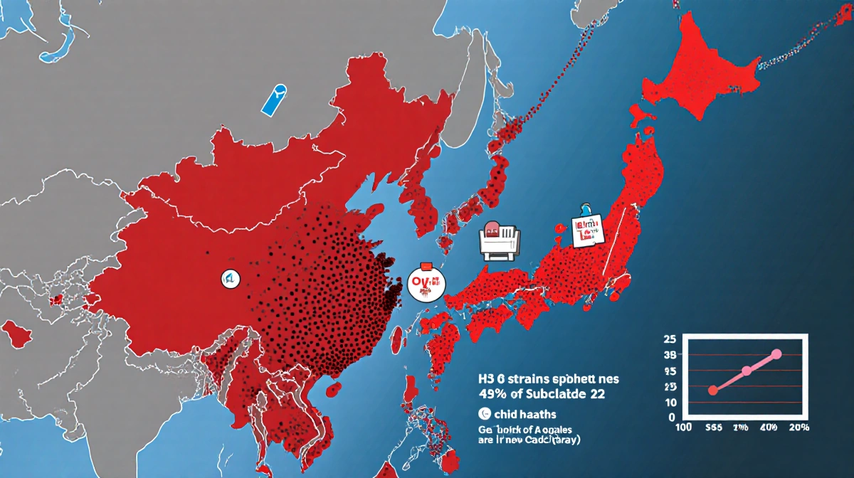 North America and Europe map shows epidemic hotspots with red dots child death icons and chart of H3 strain data from Japan.