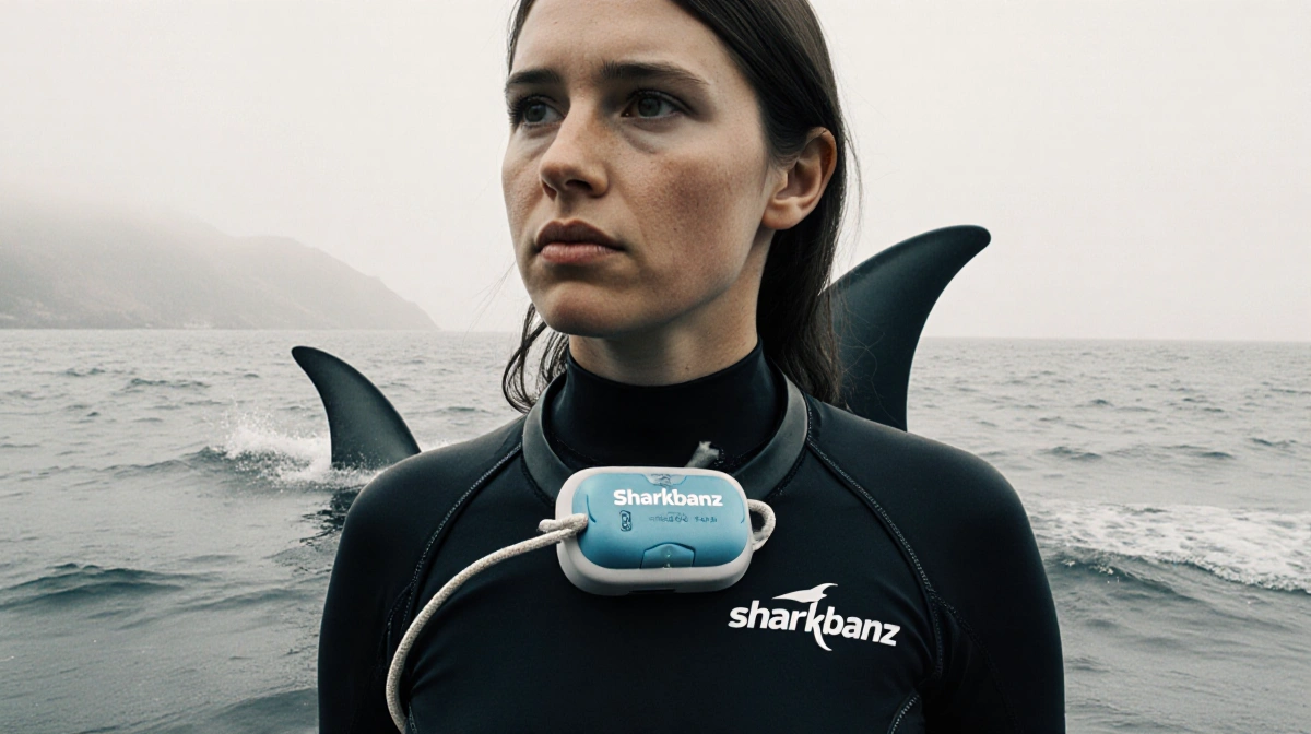 Person wearing Sharkbanz tangled in broken device with distant ocean near Lovers Point.