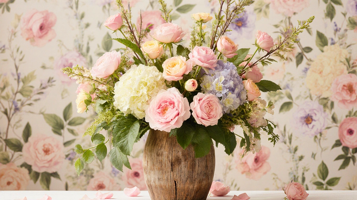 Rustic wooden vase holding fresh cut flowers with pastel roses and peonies and scattered petals