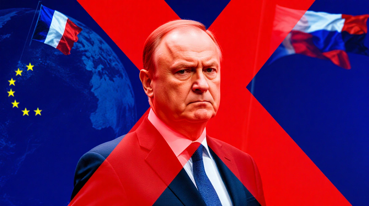 European Commission official standing in front of red backdrop with X condemns law violation Russia and France flags on globe