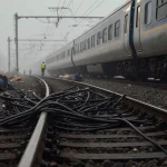 Maintenance crew repairing tangled cable on Eurostar tracks with scattered luggage and morning fog