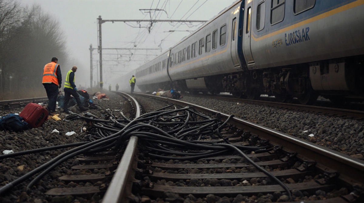 Maintenance crew repairing tangled cable on Eurostar tracks with scattered luggage and morning fog