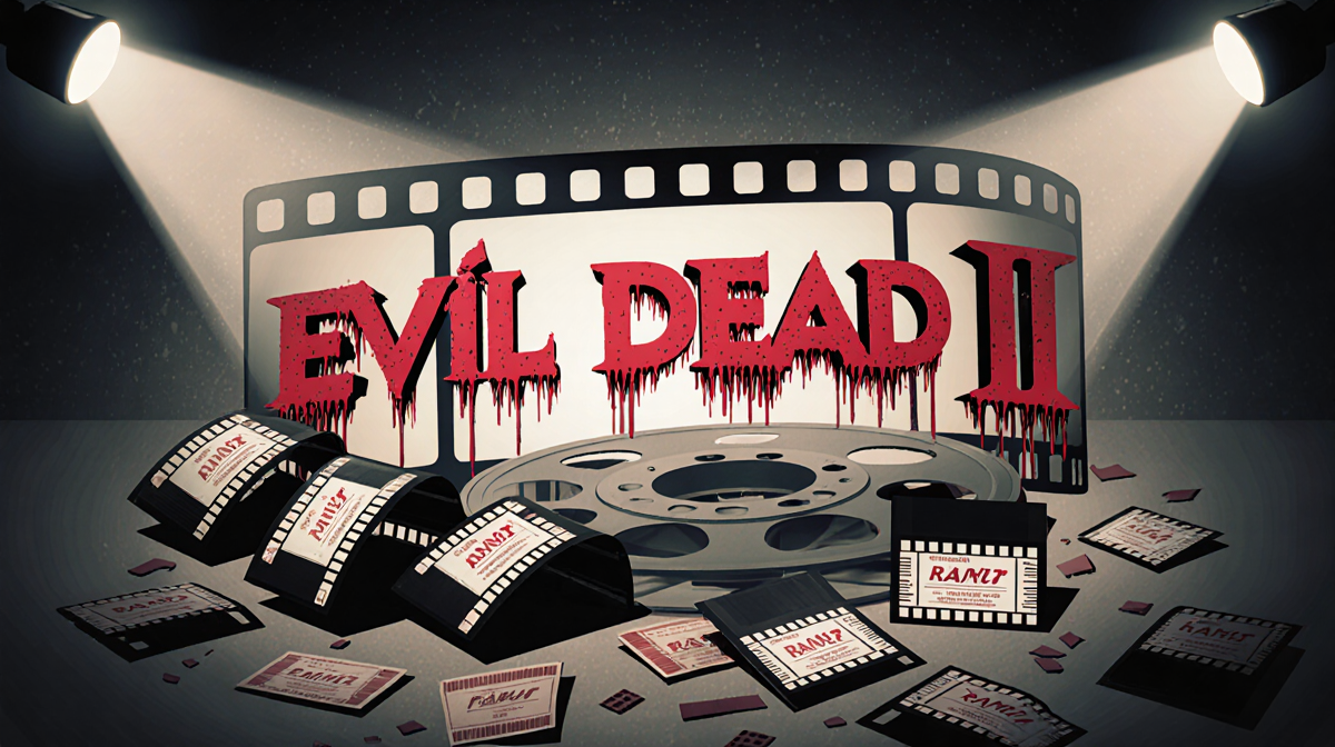 Film reel displaying bold blood-red Evil Dead II title and scattered movie tickets.