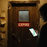 Person standing by a worn wooden door with a red EXPIRE sticker and a glowing smartphone showing rising insurance premium.