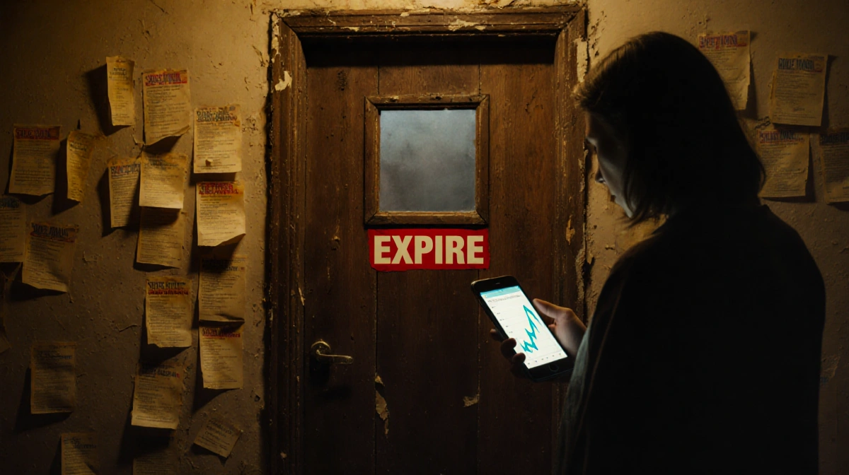 Person standing by a worn wooden door with a red EXPIRE sticker and a glowing smartphone showing rising insurance premium.