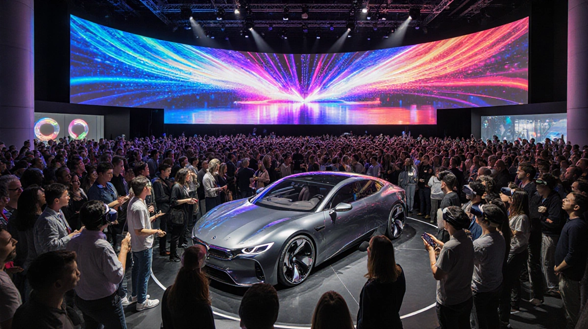 Concept car glows with LED screens and visitors try AR goggles in bright expo hall.