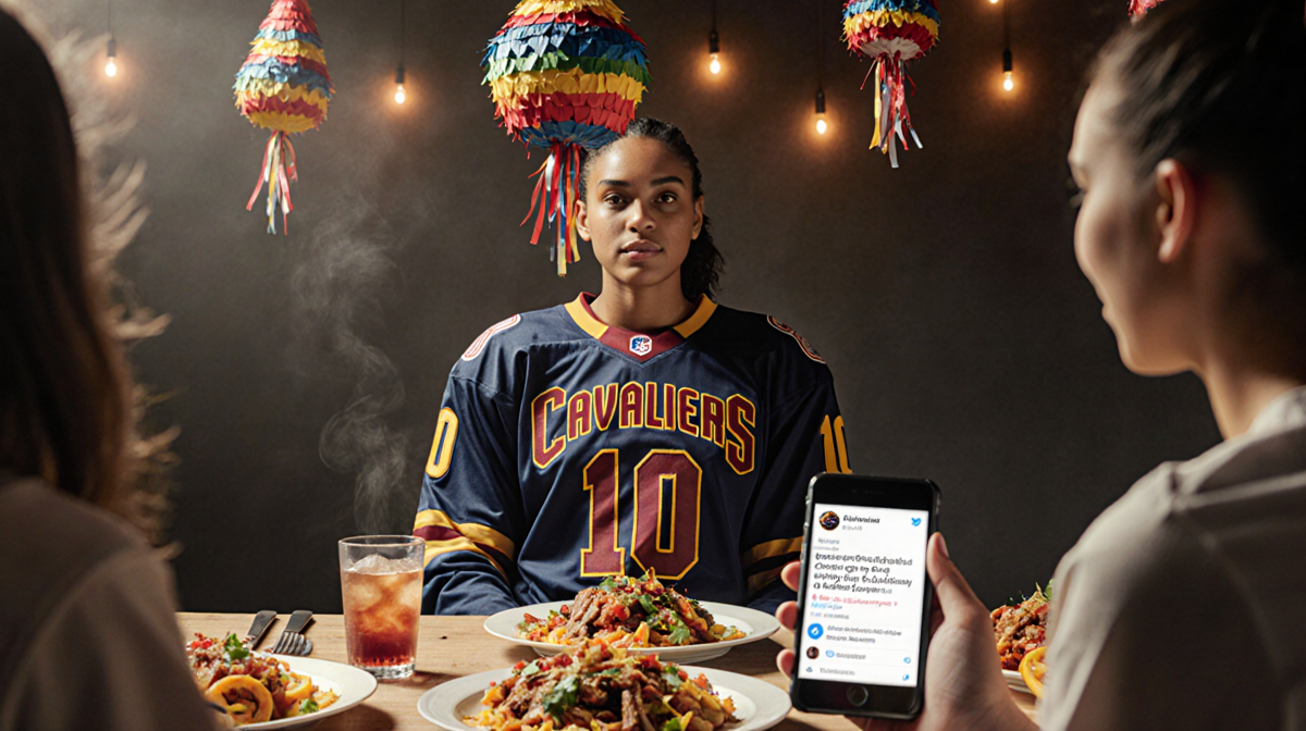 Cleveland Cavaliers forward at table wearing Edwards jersey with fajita and a sports piñata overhead phone shows post