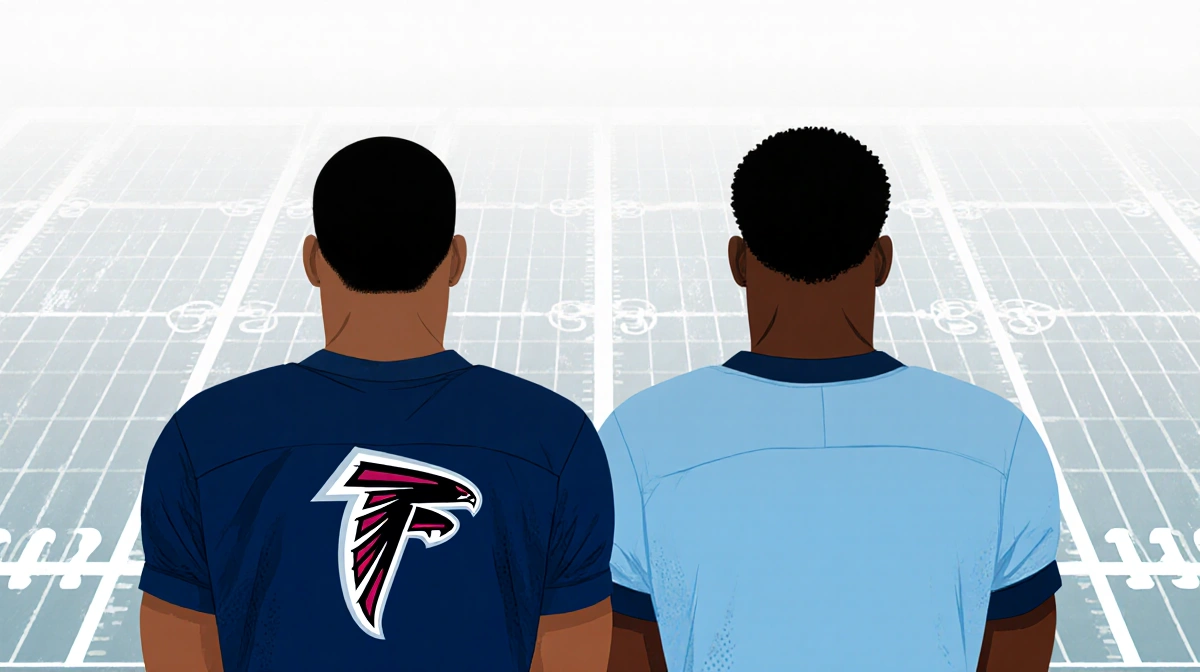 Fontenot and Morris standing side by side with dark blue and light blue Falcons jerseys against a football field grid.