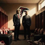 Coach Raheem Morris and Terry Fontenot reflecting with empty suitcases and scattered jerseys in Atlanta Falcons locker room.