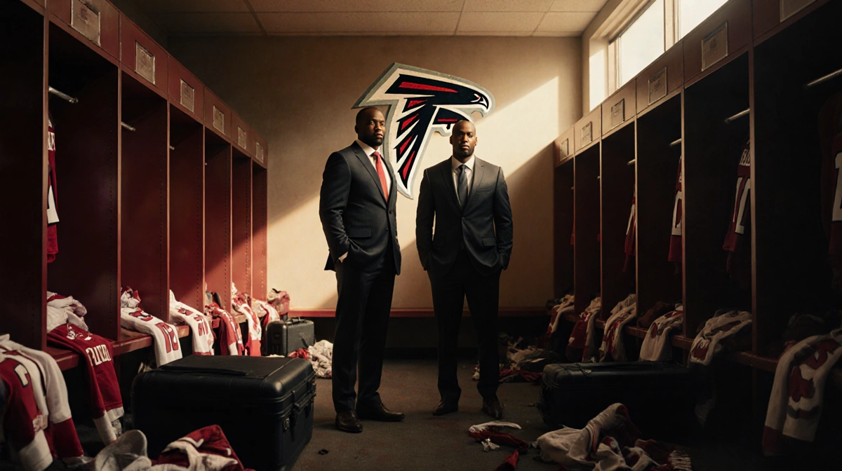 Coach Raheem Morris and Terry Fontenot reflecting with empty suitcases and scattered jerseys in Atlanta Falcons locker room.
