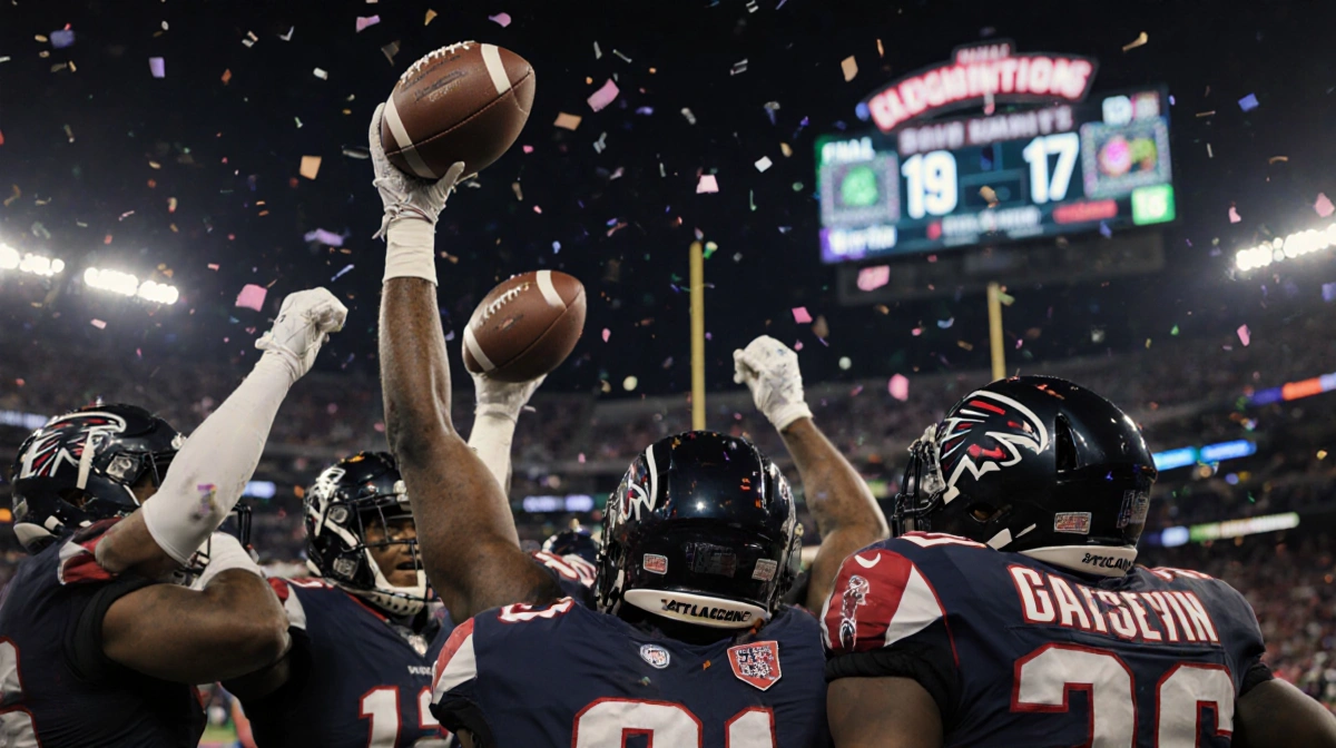 Falcons players celebrating with confetti and footballs around captain and scoreboard showing 19-17 in dimly lit stadium