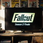 TV screen glowing with Fallout logo with warm light on wooden stand surrounded by retro consoles and dusty collectibles