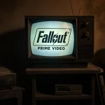 Old television screen glowing with Fallout Prime Video logo showing episode with dusty console and DVDs nearby