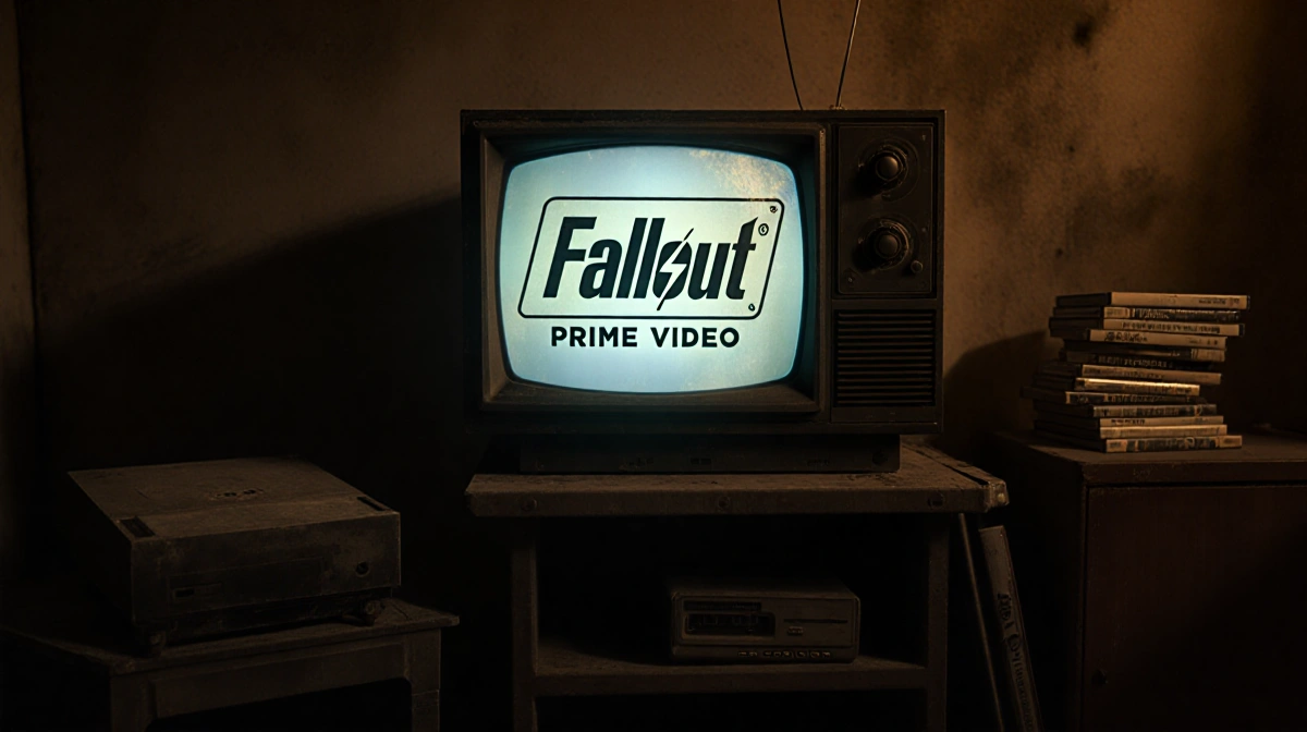 Old television screen glowing with Fallout Prime Video logo showing episode with dusty console and DVDs nearby