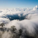 Aerial view of a fallstreak hole over Central Texas with wispy cirrocumulus clouds and trees rustling in the foreground
