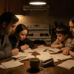 Family sits around kitchen table with bills and receipts worried faces illuminated by a dim stove light