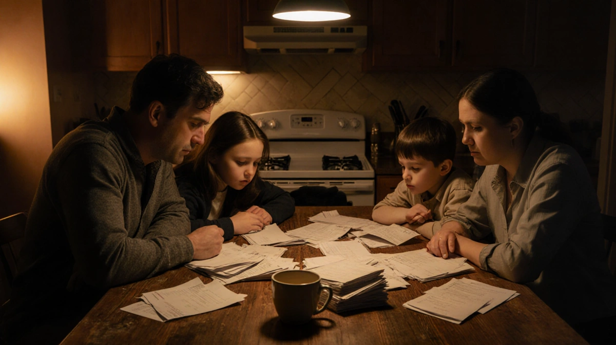 Family sits around kitchen table with bills and receipts worried faces illuminated by a dim stove light