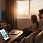 Family snuggles together watching TV with sunset glow and AT&T promo on laptop