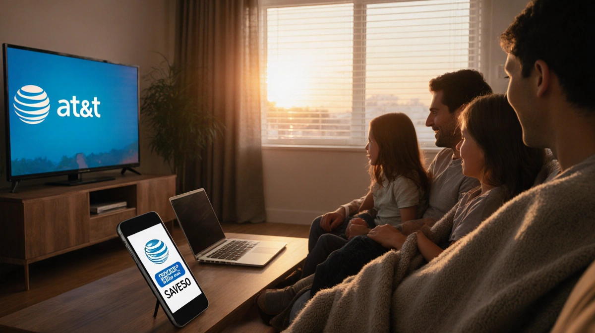 Family snuggles together watching TV with sunset glow and AT&T promo on laptop