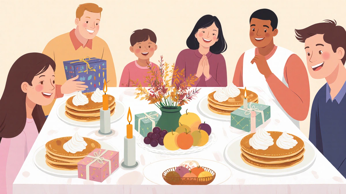 Family members gather around a table with fluffy pancakes and warm candlelight