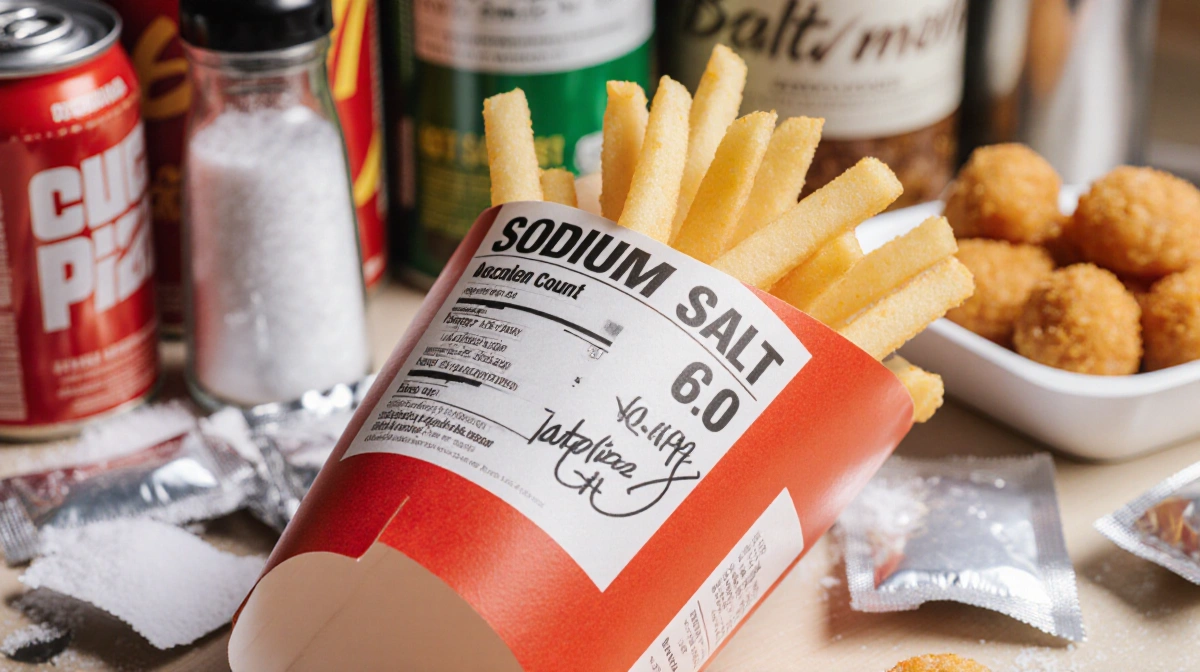 Fast food container shows inaccurate sodium label with real amount scribbled beside and blurred salt ingredients behind