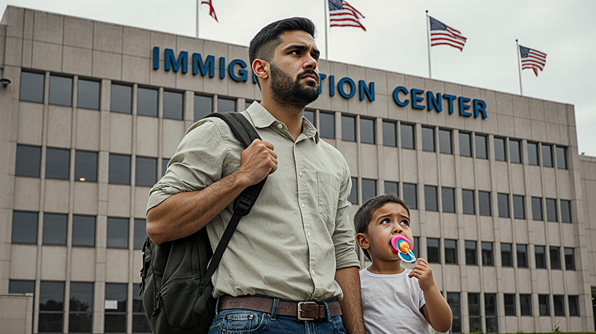 Father holding child's backpack and looking worried with crying child near ICE detention center in Minneapolis flags waving.