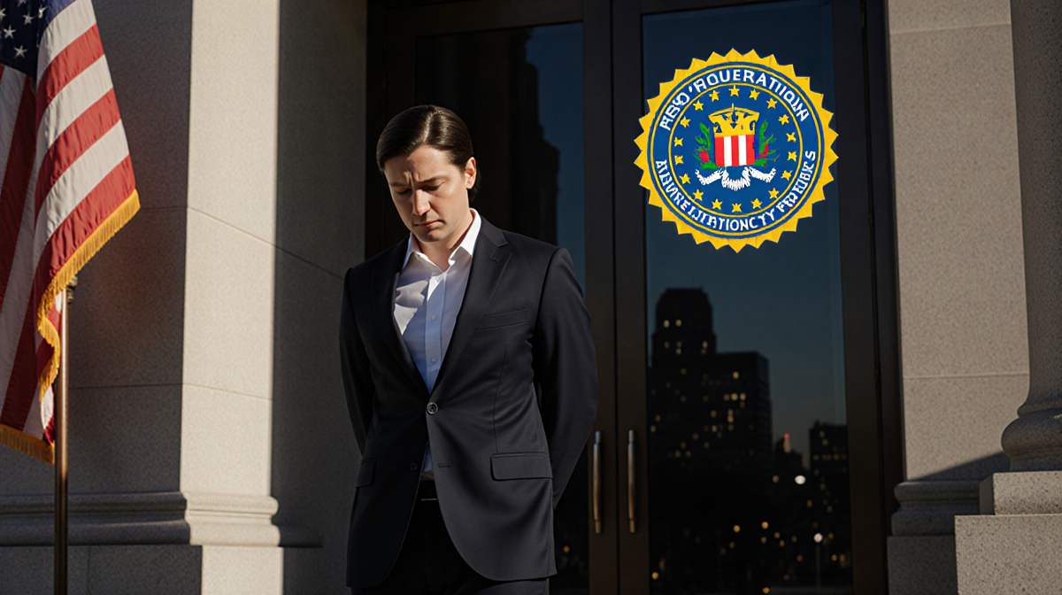 FBI agent stands looking down at feet with courthouse entrance and blurred flag hinting resignation