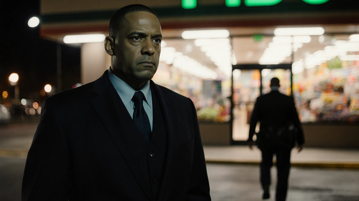 FBI agent standing guard outside grocery store at dusk with security lights and a retreating figure