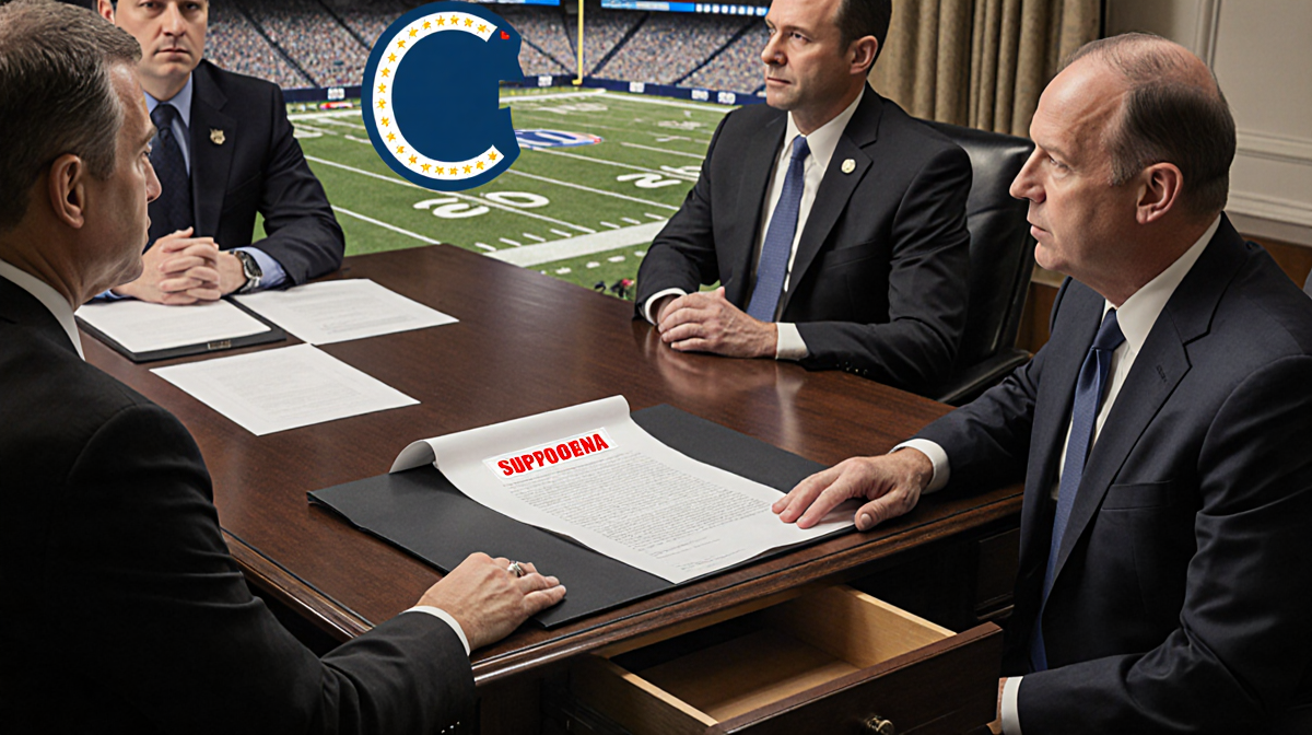 FBI agents seated around desk with hand on redacted subpoena while a blurred Colts logo appears in background