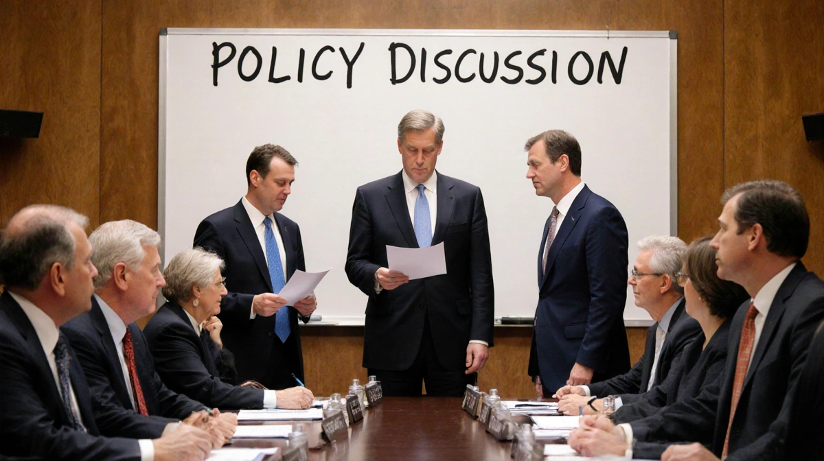 Three Fed officials standing and looking at papers with a whiteboard reading Policy Discussion in the background