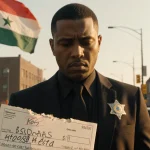 Federal agent looking down with faded Somali flag in background and torn checkbook hinting fraud on ground