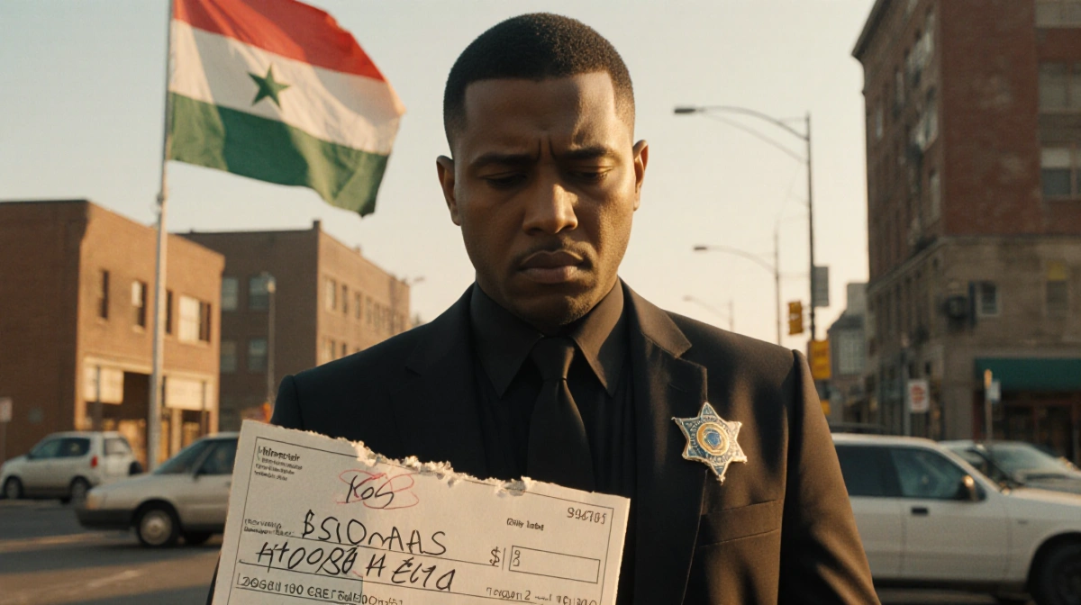 Federal agent looking down with faded Somali flag in background and torn checkbook hinting fraud on ground