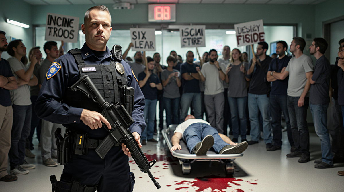 Federal officer standing with rifle near a gurney with bloodstains amid a dim hospital backdrop and blurred protesters.