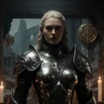 Female Custodes warrior stands in display case with gleaming silver armor and candlelight reflecting on her armor