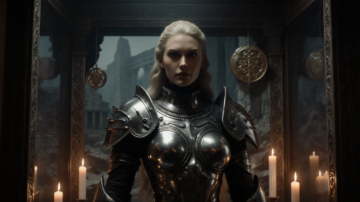 Female Custodes warrior stands in display case with gleaming silver armor and candlelight reflecting on her armor