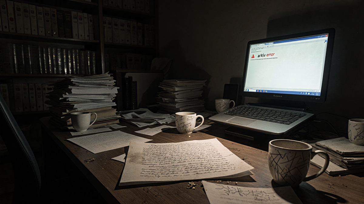 Flickering screen illuminates manuscript with crossed‑out equations on cluttered desk with error message in background