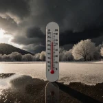 Thermometer standing at frozen lake edge with frost-covered trees reflected behind it and a dark storm cloud over Austin