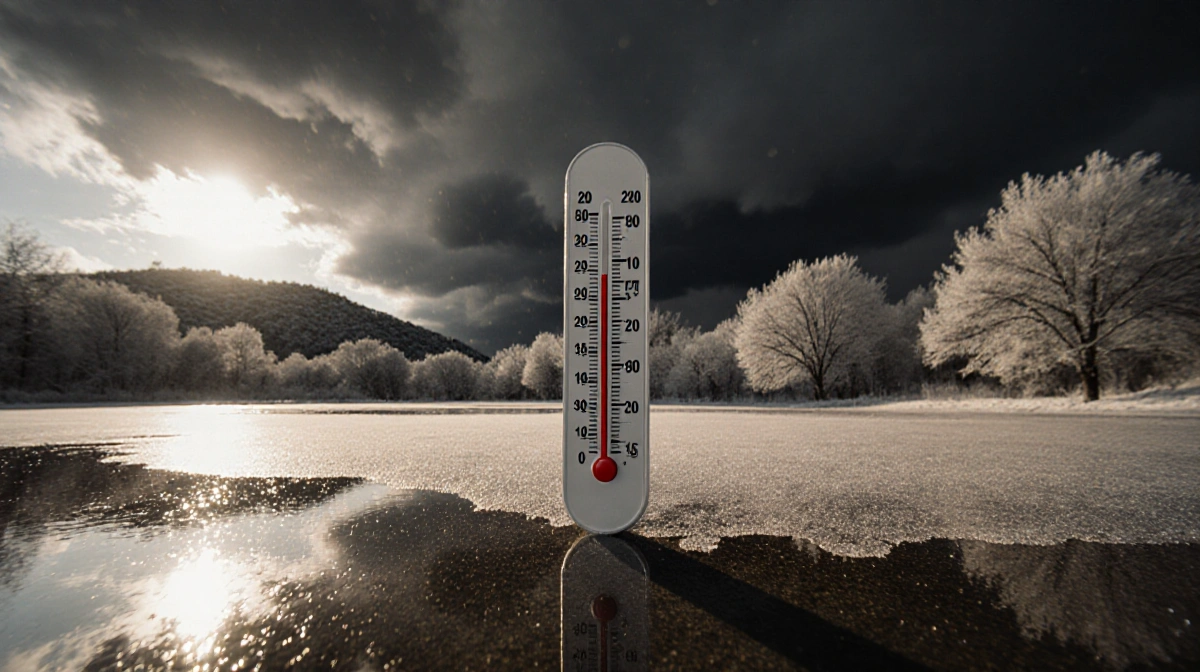Thermometer standing at frozen lake edge with frost-covered trees reflected behind it and a dark storm cloud over Austin