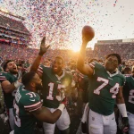 Buffalo Bills players high‑fiving fans with sunset gold light and confetti‑filled green jerseys.