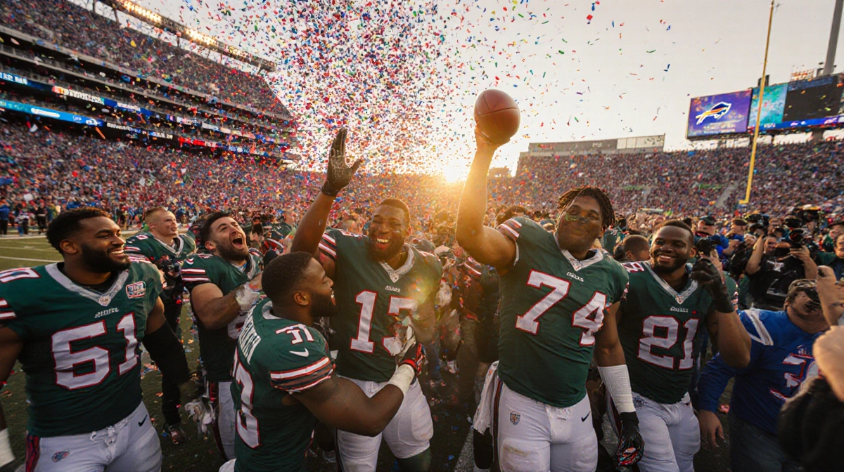 Buffalo Bills players high‑fiving fans with sunset gold light and confetti‑filled green jerseys.