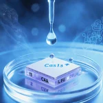 Droplet of Cas13 solution hovers above a lung‑on‑a‑chip device with lipid nanoparticles and a soft blue glow