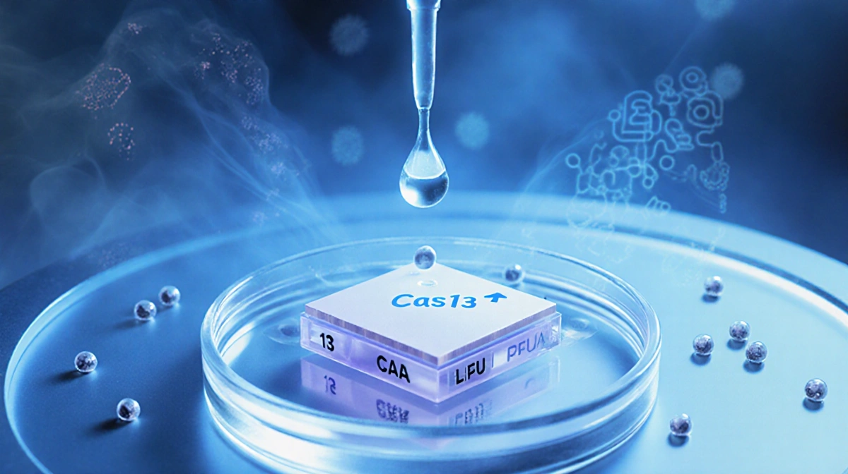 Droplet of Cas13 solution hovers above a lung‑on‑a‑chip device with lipid nanoparticles and a soft blue glow