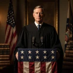 Chief Justice John Roberts standing on flag‑wrapped podium with dusty constitutional books and lanterns radiating gravitas