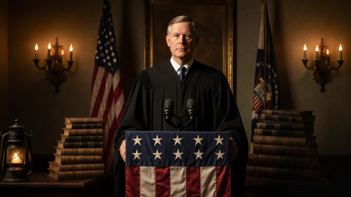 Chief Justice John Roberts standing on flag‑wrapped podium with dusty constitutional books and lanterns radiating gravitas