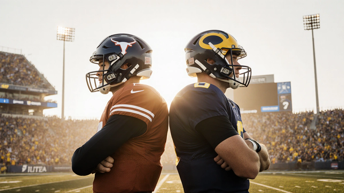 Two college football quarterbacks stand back-to-back on a sunlit gridiron with helmets and crowd goalposts blurred behind the