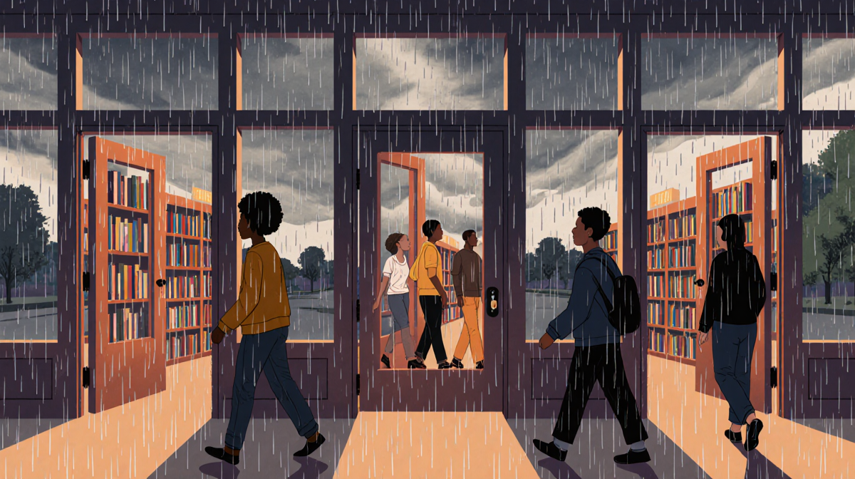 People walking towards doors with stormy sky and warm lighting symbolizing shelter