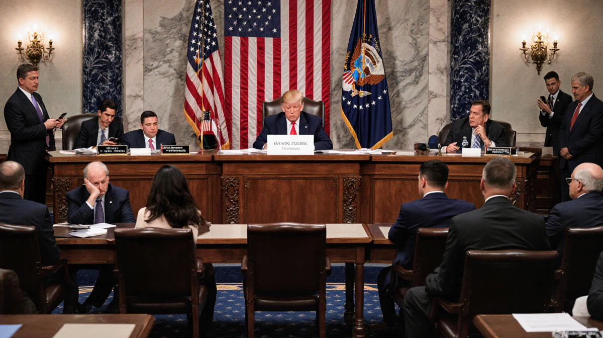 Congress members look concerned at desks with a limp American flag in background
